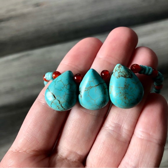 Artisan Handmade Genuine Turquoise & Carnelian Teardrop Beaded Necklace - Picture 5 of 7